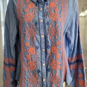 3 j workshop Johnny Was sm.  chambray floral embroidered  button-down shirt top